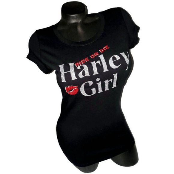 Harley Girl Ride or Die Fitted Spandex Black Tee with Shiny Lettering. - Picture 2 of 7
